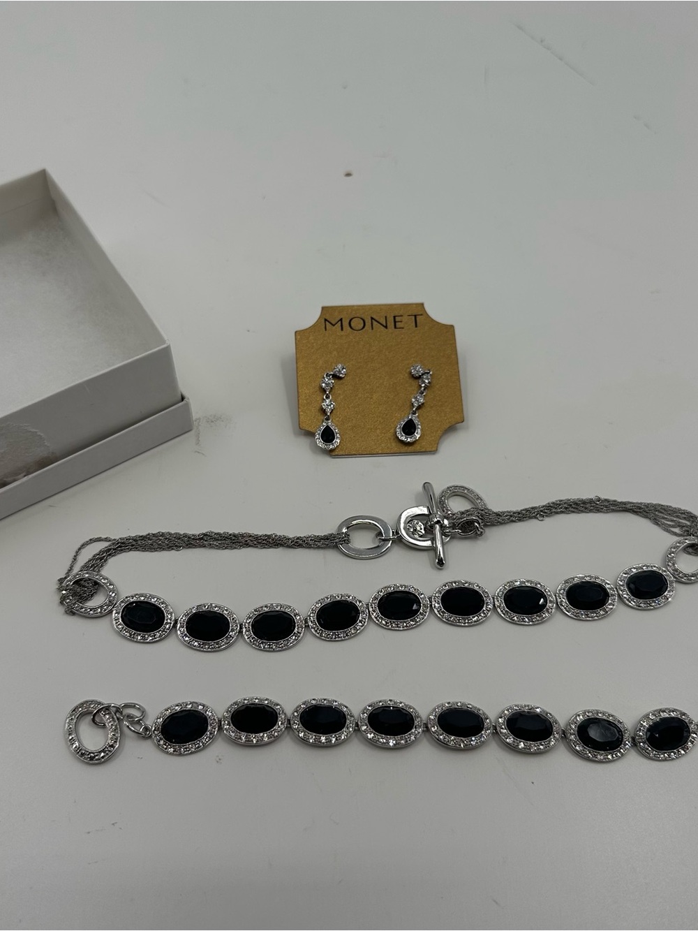 Monet Silver Tone Black Crystal Necklace Bracelet Earrings Set Boxed Vintage